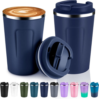 Volhoply 12 oz Double Wall Insulated Vacuum Travel Coffee Mugs with Flip Lid Bulk,Reusable Stainless Steel Leak Proof Coffee Cup,Portable Cafe Thermal Tumbler for Hot & Cold Drinks(Mix,2 Set)