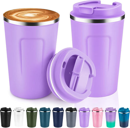 Volhoply 12 oz Double Wall Insulated Vacuum Travel Coffee Mugs with Flip Lid Bulk,Reusable Stainless Steel Leak Proof Coffee Cup,Portable Cafe Thermal Tumbler for Hot & Cold Drinks(Mix,2 Set)