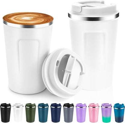 Volhoply 12 oz Double Wall Insulated Vacuum Travel Coffee Mugs with Flip Lid Bulk,Reusable Stainless Steel Leak Proof Coffee Cup,Portable Cafe Thermal Tumbler for Hot & Cold Drinks(Mix,2 Set)