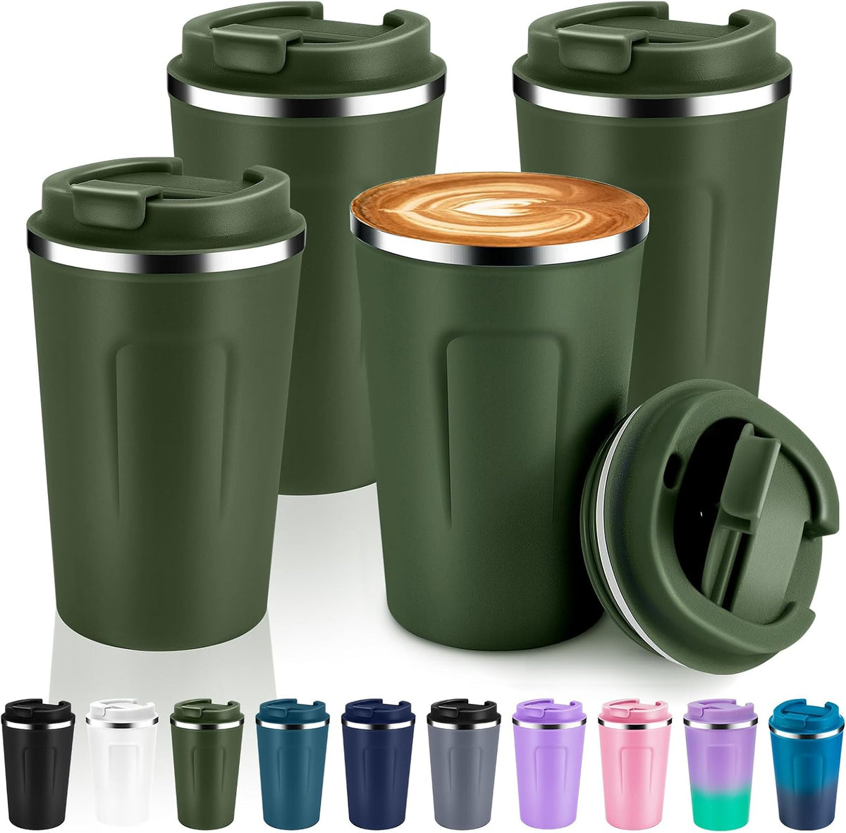 Volhoply 12 oz Double Wall Insulated Vacuum Travel Coffee Mugs with Flip Lid Bulk,Reusable Stainless Steel Leak Proof Coffee Cup,Portable Cafe Thermal Tumbler for Hot & Cold Drinks(Mix,2 Set)
