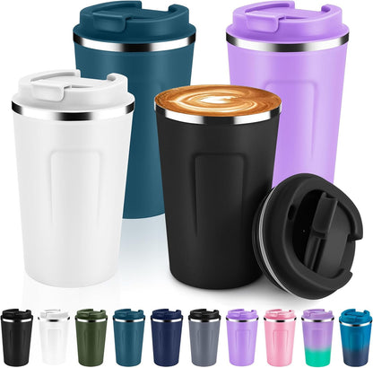 Volhoply 12 oz Double Wall Insulated Vacuum Travel Coffee Mugs with Flip Lid Bulk,Reusable Stainless Steel Leak Proof Coffee Cup,Portable Cafe Thermal Tumbler for Hot & Cold Drinks(Mix,2 Set)