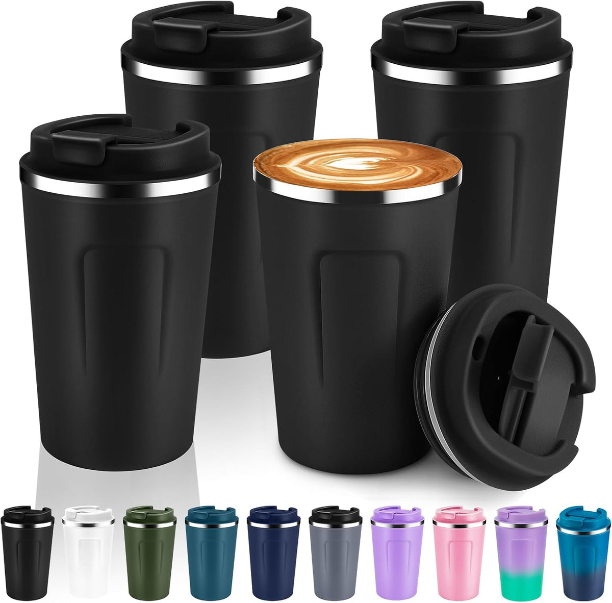 Volhoply 12 oz Double Wall Insulated Vacuum Travel Coffee Mugs with Flip Lid Bulk,Reusable Stainless Steel Leak Proof Coffee Cup,Portable Cafe Thermal Tumbler for Hot & Cold Drinks(Mix,2 Set)