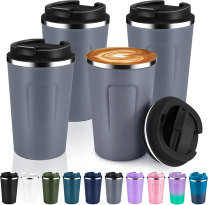 Volhoply 12 oz Double Wall Insulated Vacuum Travel Coffee Mugs with Flip Lid Bulk,Reusable Stainless Steel Leak Proof Coffee Cup,Portable Cafe Thermal Tumbler for Hot & Cold Drinks(Mix,2 Set)