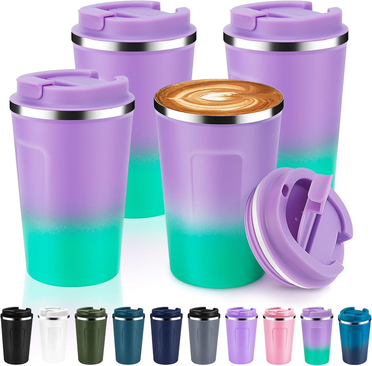 Volhoply 12 oz Double Wall Insulated Vacuum Travel Coffee Mugs with Flip Lid Bulk,Reusable Stainless Steel Leak Proof Coffee Cup,Portable Cafe Thermal Tumbler for Hot & Cold Drinks(Mix,2 Set)