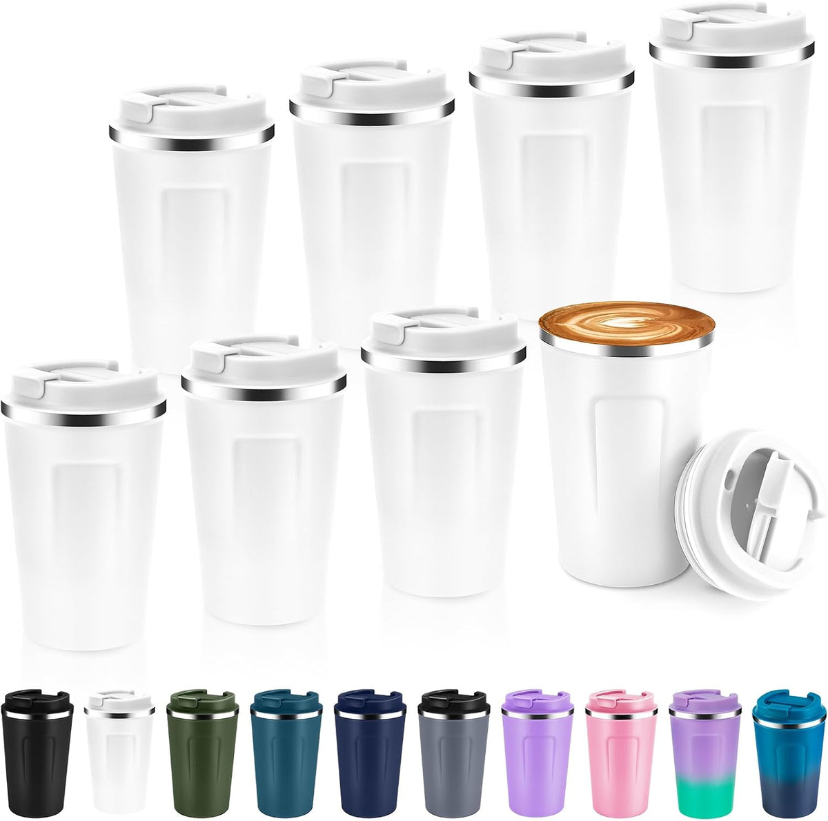 Volhoply 12 oz Double Wall Insulated Vacuum Travel Coffee Mugs with Flip Lid Bulk,Reusable Stainless Steel Leak Proof Coffee Cup,Portable Cafe Thermal Tumbler for Hot & Cold Drinks(Mix,2 Set)