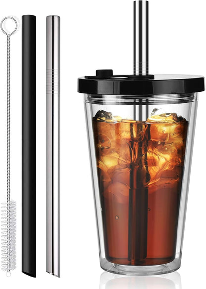 Reusable Iced Coffee Cup with Lid and Straw, 16 oz Grande Boba Tea Smoothie Cup, Leak Proof Double Wall Insulated Iced Coffee Tumbler for Hot Cold Drinks, Milkshaks, With 2 Boba Straws 1 Brush