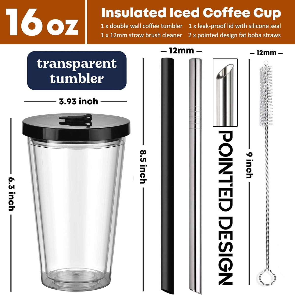 Reusable Iced Coffee Cup with Lid and Straw, 16 oz Grande Boba Tea Smoothie Cup, Leak Proof Double Wall Insulated Iced Coffee Tumbler for Hot Cold Drinks, Milkshaks, With 2 Boba Straws 1 Brush