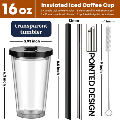 Reusable Iced Coffee Cup with Lid and Straw, 16 oz Grande Boba Tea Smoothie Cup, Leak Proof Double Wall Insulated Iced Coffee Tumbler for Hot Cold Drinks, Milkshaks, With 2 Boba Straws 1 Brush