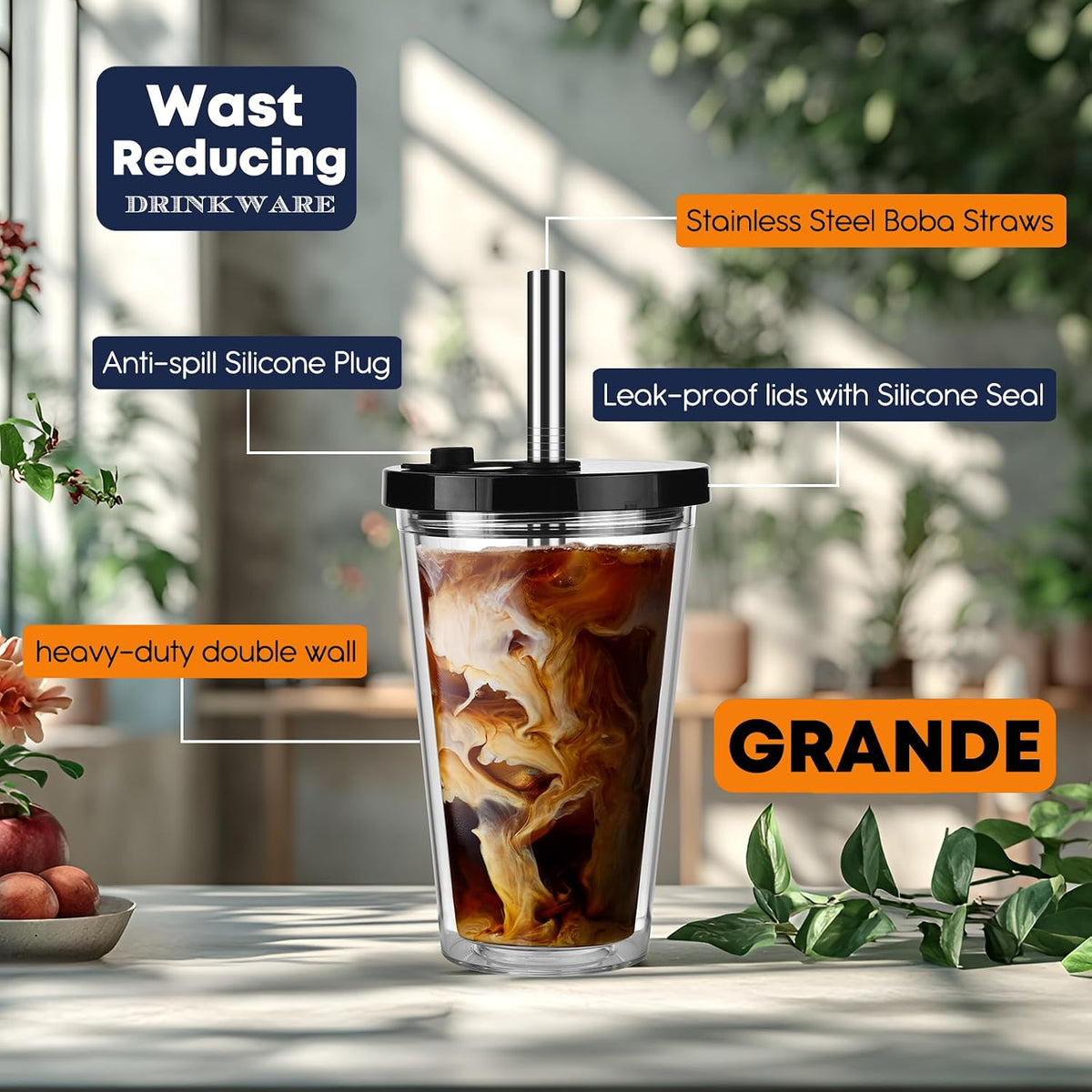 Reusable Iced Coffee Cup with Lid and Straw, 16 oz Grande Boba Tea Smoothie Cup, Leak Proof Double Wall Insulated Iced Coffee Tumbler for Hot Cold Drinks, Milkshaks, With 2 Boba Straws 1 Brush