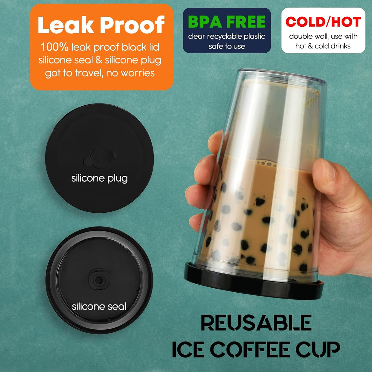 Reusable Iced Coffee Cup with Lid and Straw, 16 oz Grande Boba Tea Smoothie Cup, Leak Proof Double Wall Insulated Iced Coffee Tumbler for Hot Cold Drinks, Milkshaks, With 2 Boba Straws 1 Brush