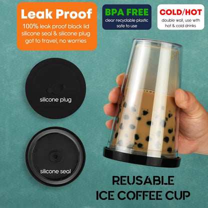 Reusable Iced Coffee Cup with Lid and Straw, 16 oz Grande Boba Tea Smoothie Cup, Leak Proof Double Wall Insulated Iced Coffee Tumbler for Hot Cold Drinks, Milkshaks, With 2 Boba Straws 1 Brush