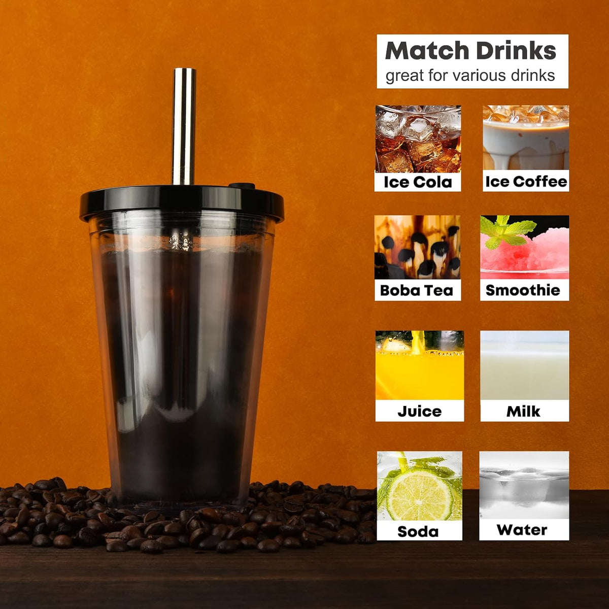 Reusable Iced Coffee Cup with Lid and Straw, 16 oz Grande Boba Tea Smoothie Cup, Leak Proof Double Wall Insulated Iced Coffee Tumbler for Hot Cold Drinks, Milkshaks, With 2 Boba Straws 1 Brush