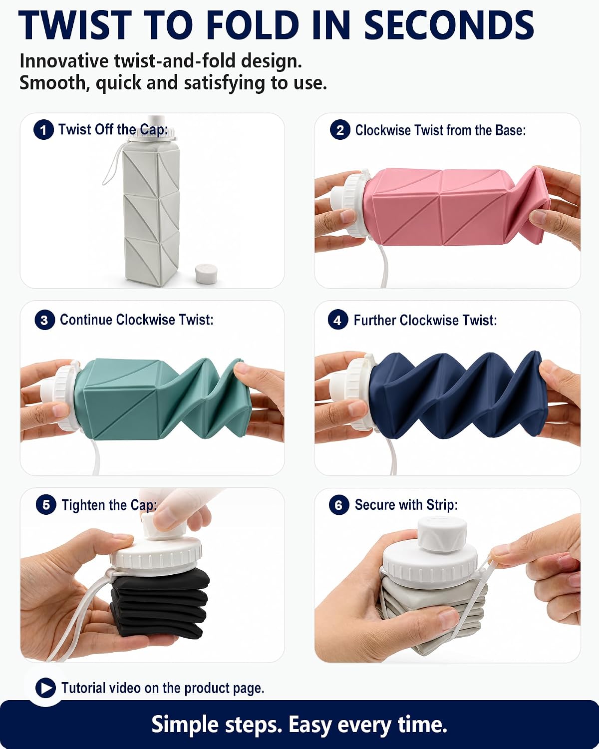 Collapsible Water Bottles with Straw 21 oz, Travel Water Bottle