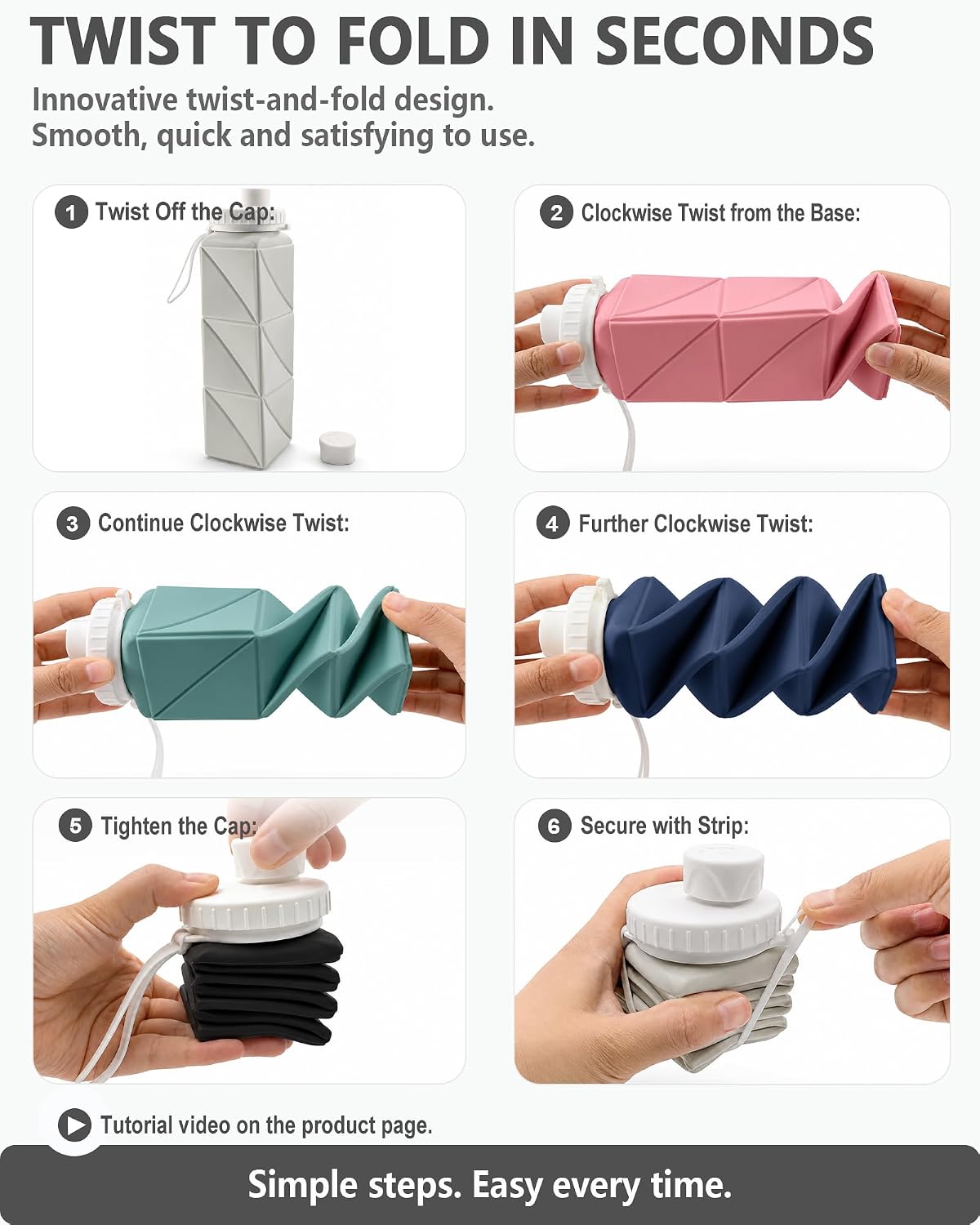 Collapsible Water Bottles with Straw 21 oz, Travel Water Bottle