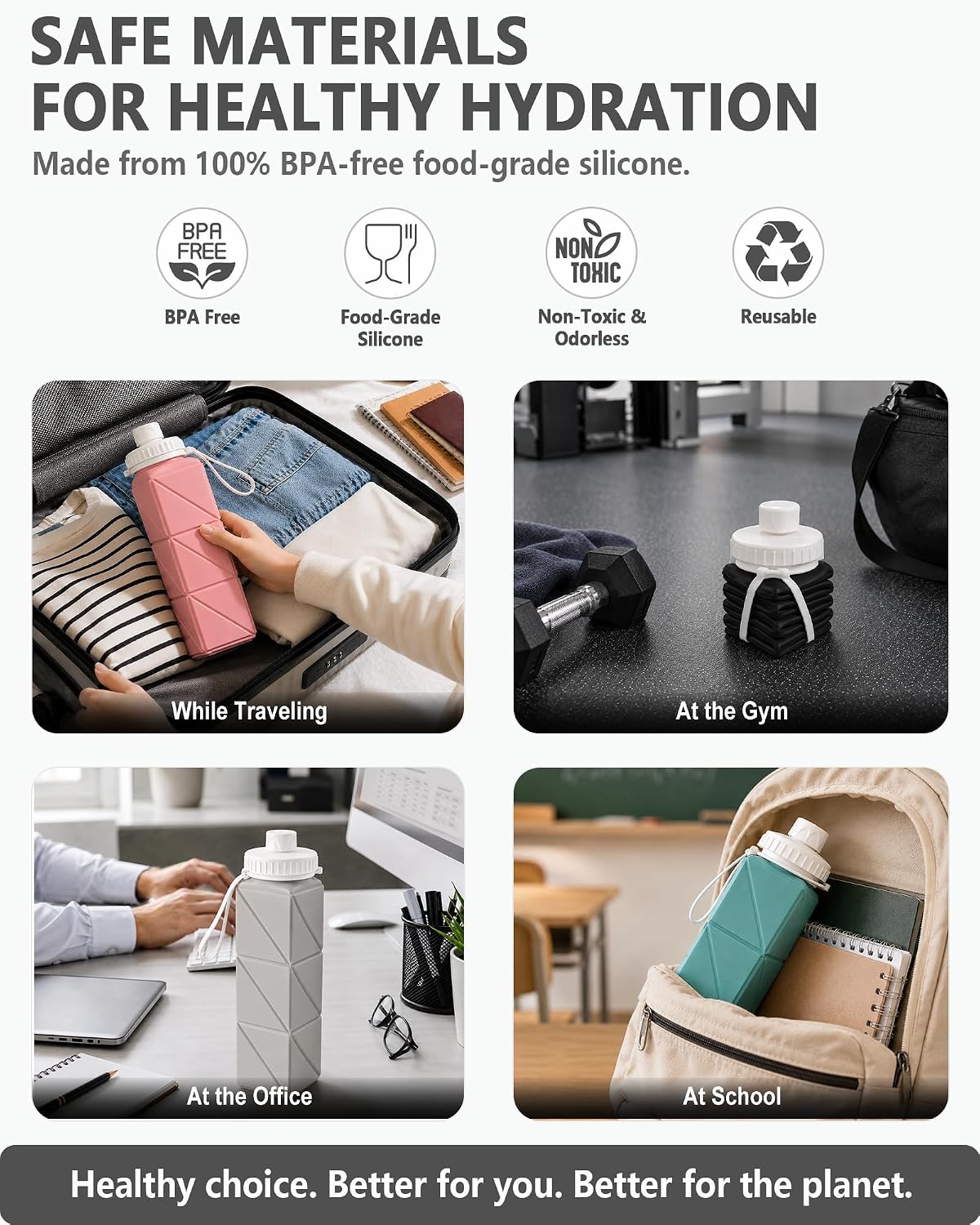 Collapsible Water Bottles with Straw 21 oz, Travel Water Bottle