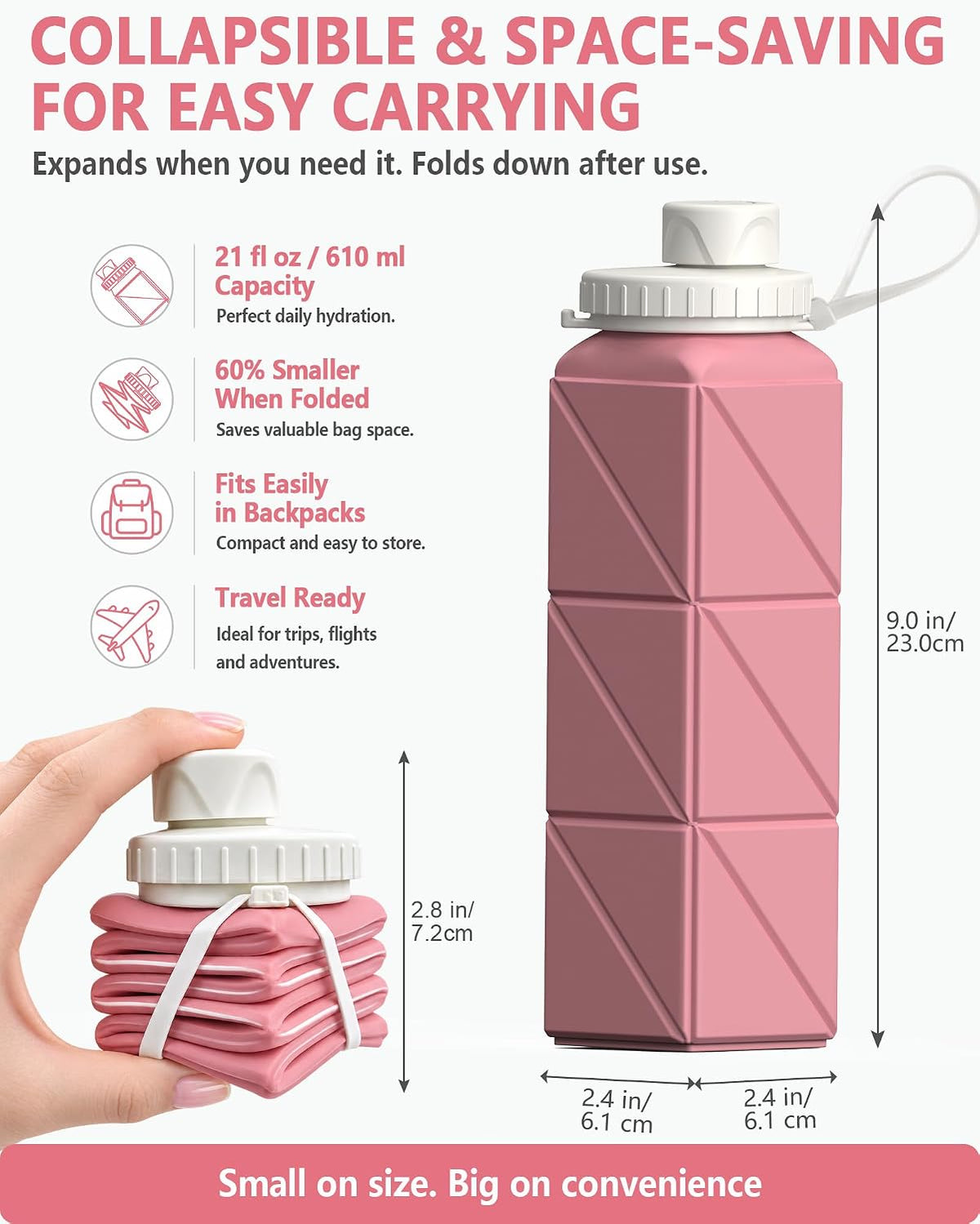 Collapsible Water Bottles with Straw 21 oz, Travel Water Bottle