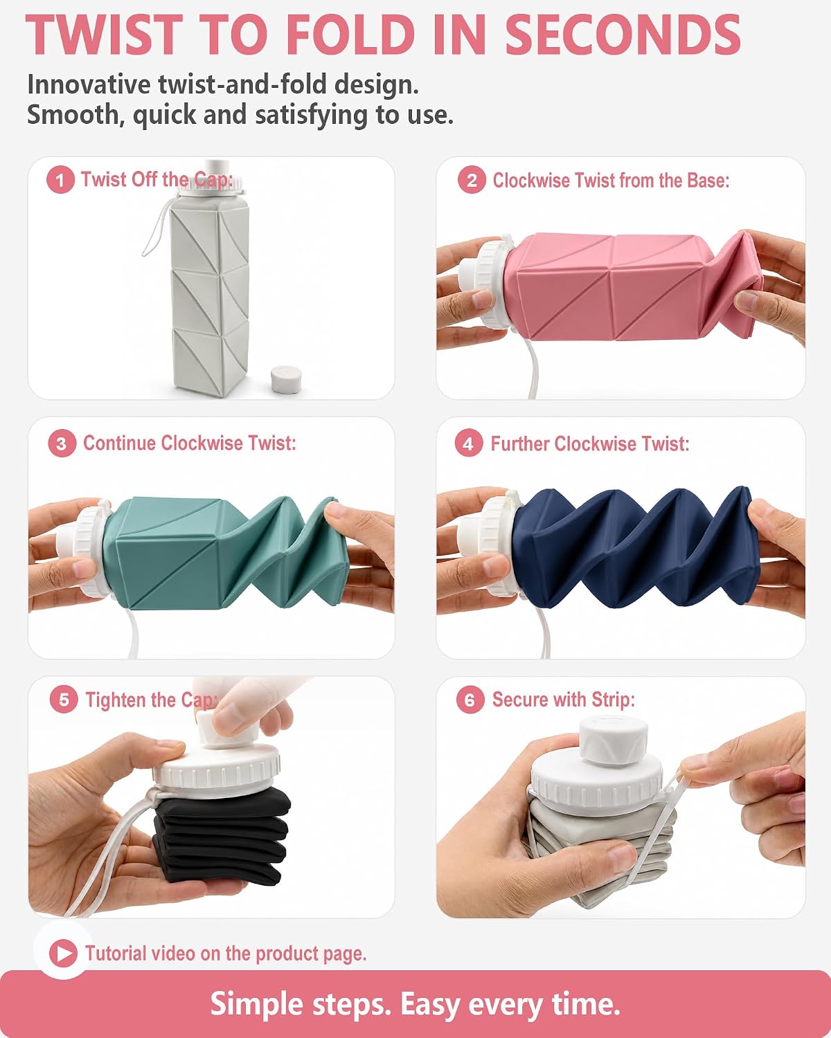 Collapsible Water Bottles with Straw 21 oz, Travel Water Bottle