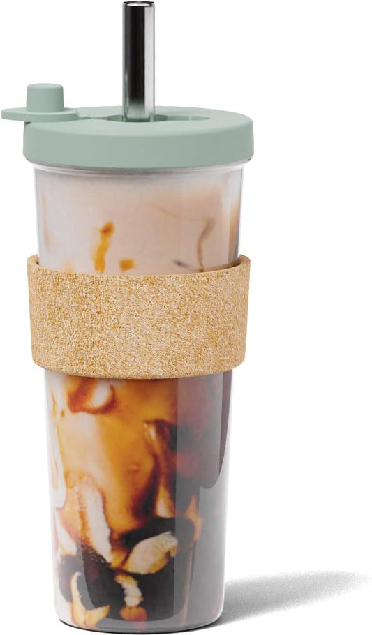 Sage Green 24 oz Reusable Boba Cup and Straw Bubble Tea Cup with Wide Lid and Straw