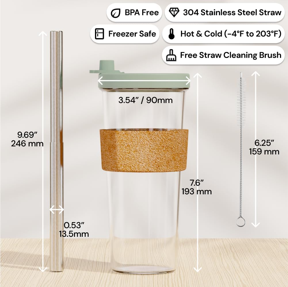 Sage Green 24 oz Reusable Boba Cup and Straw Bubble Tea Cup with Wide Lid and Straw