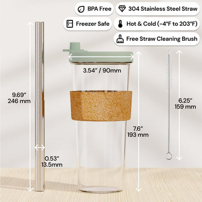 Sage Green 24 oz Reusable Boba Cup and Straw Bubble Tea Cup with Wide Lid and Straw