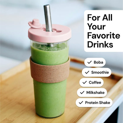 Sage Green 24 oz Reusable Boba Cup and Straw Bubble Tea Cup with Wide Lid and Straw