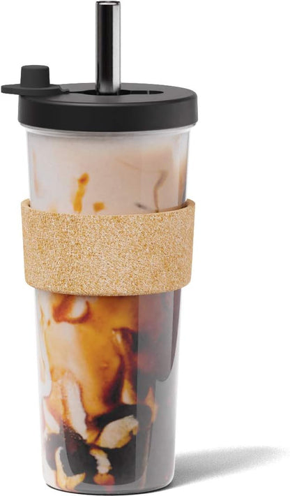 Sage Green 24 oz Reusable Boba Cup and Straw Bubble Tea Cup with Wide Lid and Straw