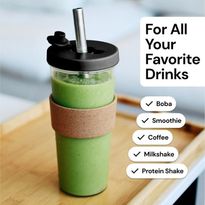 Sage Green 24 oz Reusable Boba Cup and Straw Bubble Tea Cup with Wide Lid and Straw