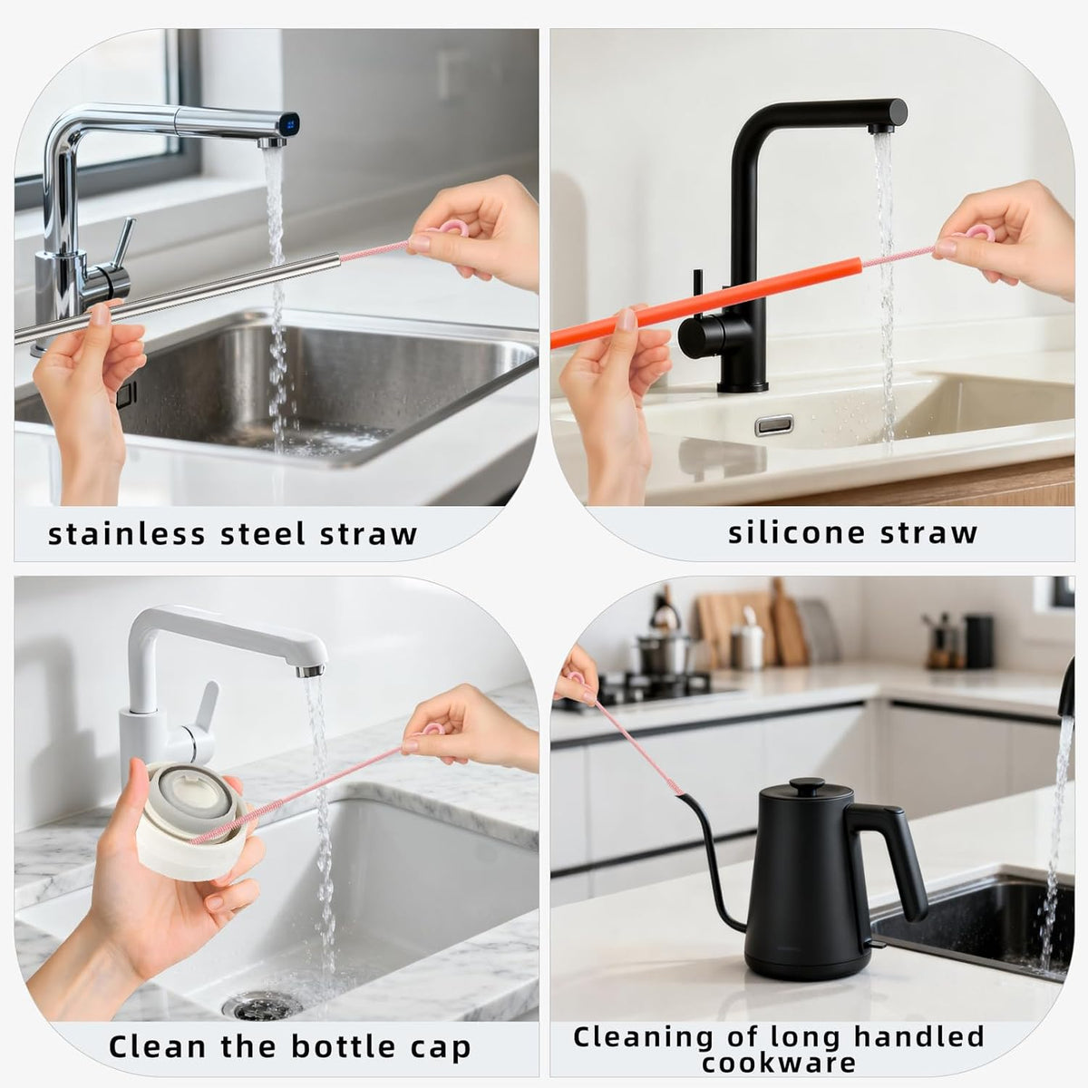 Silicone Straw Cleaner Brush, 4Pcs Reusable Straw Brush Pink