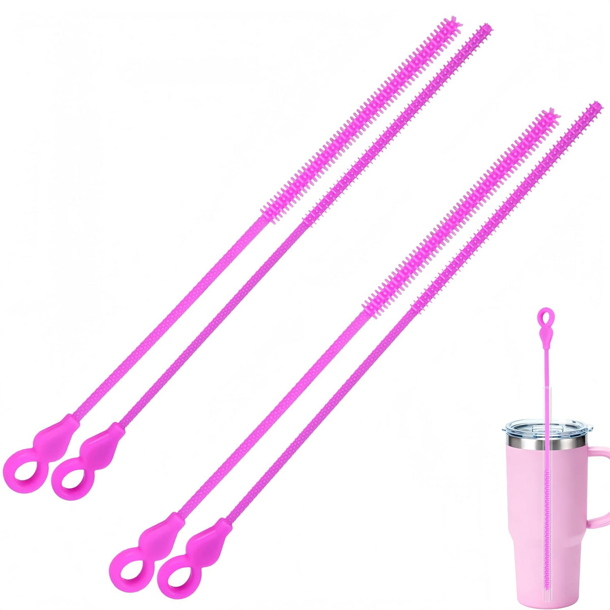 Silicone Straw Cleaner Brush, 4Pcs Reusable Straw Brush Pink