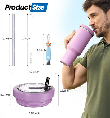 40 Oz Tumbler Flip Straw Lid for Stanley Quencher, Silicone Leak Proof Replacement Cover Reusable, Splash Resistant Cup Lids Accessories with Cleaning Brush Set
