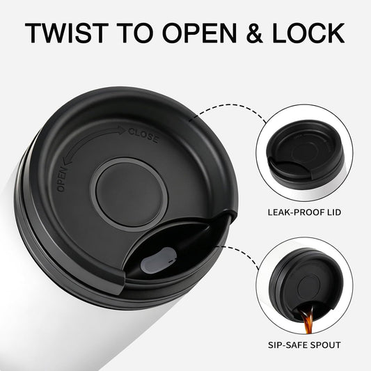 16 oz Travel Coffee Mug with Twist-Open Lid, Leak Proof Coffee Travel Mug, Insulated Tumbler Stainless Steel Coffee Cup For Hot And Iced Cold, Spill Proof Fits Cup Holder (White)