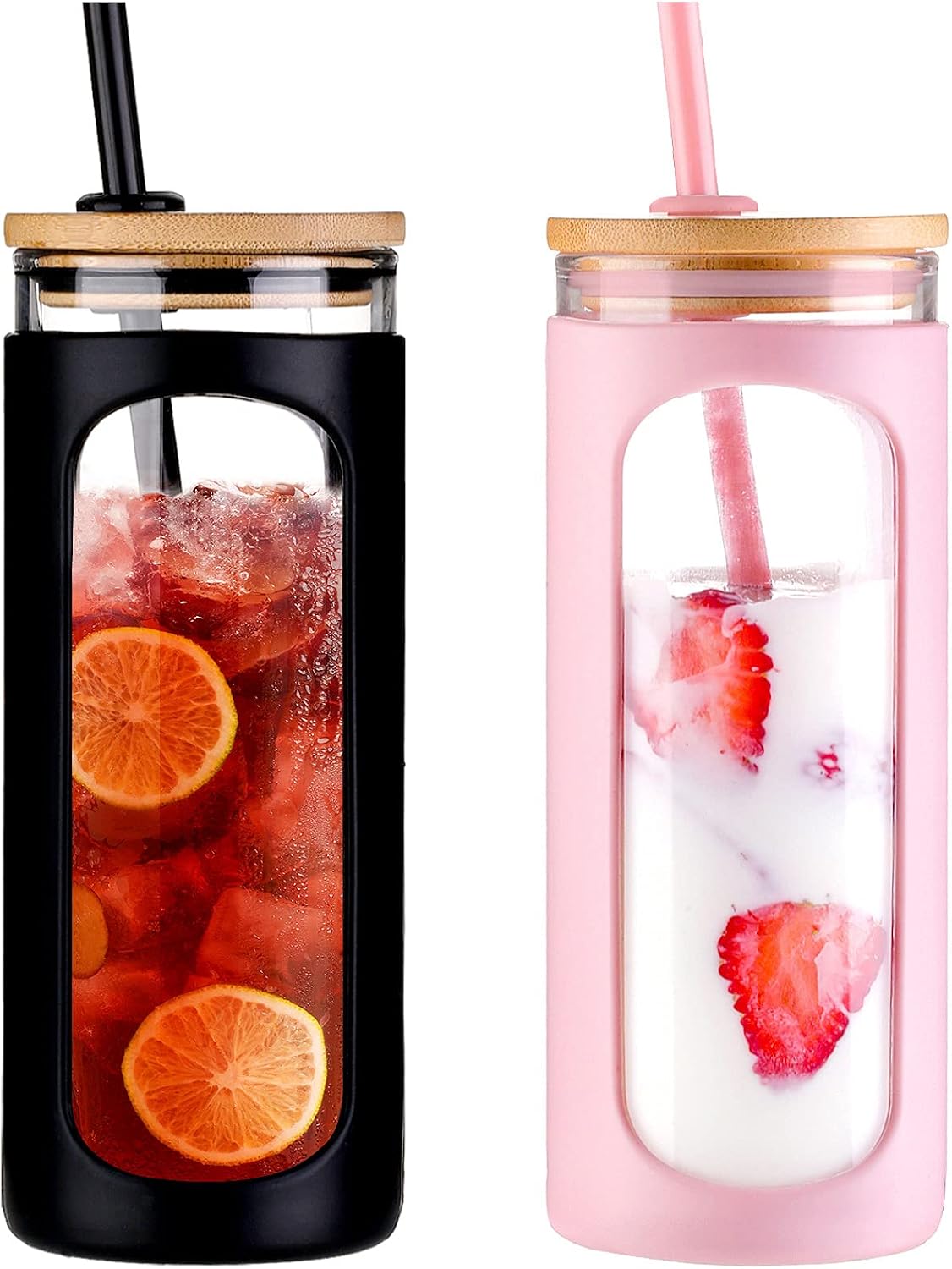 20oz Glass Water Tumbler with Straw and Lid, Bamboo Lids Water Bottle, Iced Coffee Cup Reusable, Wide Mouth Smoothie Cups with Protective Silicone Sleeve BPA FREE-Black - Colors A