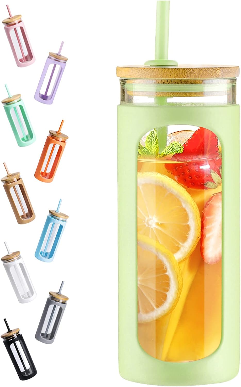 20oz Glass Water Tumbler with Straw and Lid, Bamboo Lids Water Bottle, Iced Coffee Cup Reusable, Wide Mouth Smoothie Cups with Protective Silicone Sleeve BPA FREE-Black - Colors A