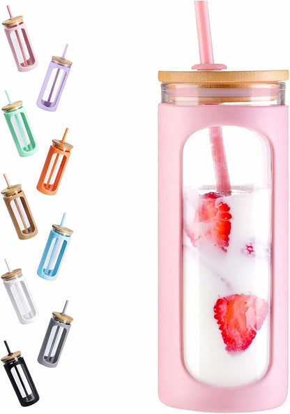 20oz Glass Water Tumbler with Straw and Lid, Bamboo Lids Water Bottle, Iced Coffee Cup Reusable, Wide Mouth Smoothie Cups with Protective Silicone Sleeve BPA FREE-Black - Colors A