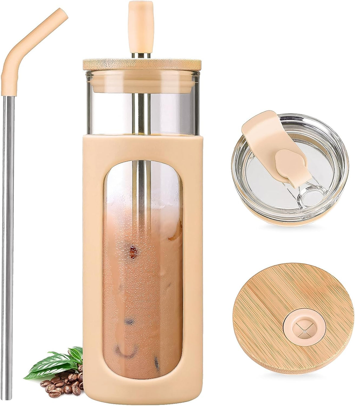 20oz Glass Water Tumbler with Straw and Lid, Bamboo Lids Water Bottle, Iced Coffee Cup Reusable, Wide Mouth Smoothie Cups with Protective Silicone Sleeve BPA FREE-Black - Colors A