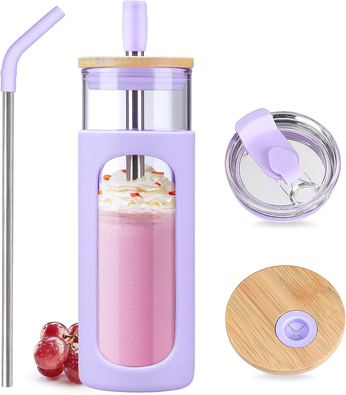 20oz Glass Water Tumbler with Straw and Lid, Bamboo Lids Water Bottle, Iced Coffee Cup Reusable, Wide Mouth Smoothie Cups with Protective Silicone Sleeve BPA FREE-Black - Colors A