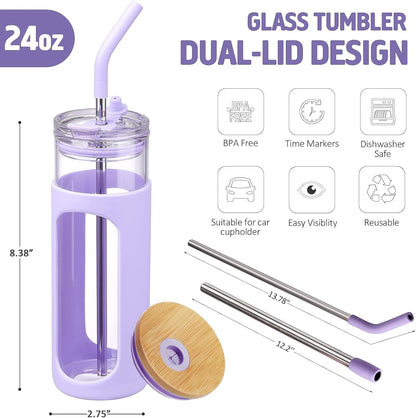 20oz Glass Water Tumbler with Straw and Lid, Bamboo Lids Water Bottle, Iced Coffee Cup Reusable, Wide Mouth Smoothie Cups with Protective Silicone Sleeve BPA FREE-Black - Colors A
