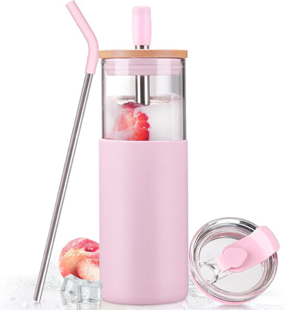 20oz Glass Water Tumbler with Straw and Lid, Bamboo Lids Water Bottle, Iced Coffee Cup Reusable, Wide Mouth Smoothie Cups with Protective Silicone Sleeve BPA FREE-Black - Colors A